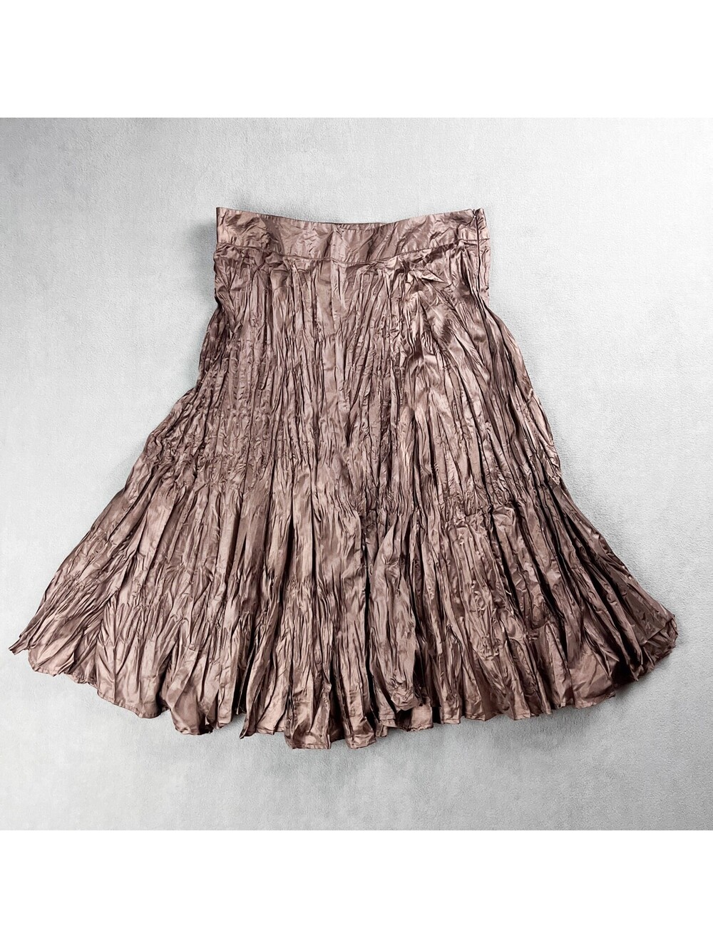 Y2K Brown Crinkled Satin Midi Skirt, Full Flowy